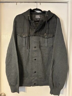 Fatal Men’s XL Hooded Quilted Pocket Fleece Button Up Jacket - Charcoal Gray